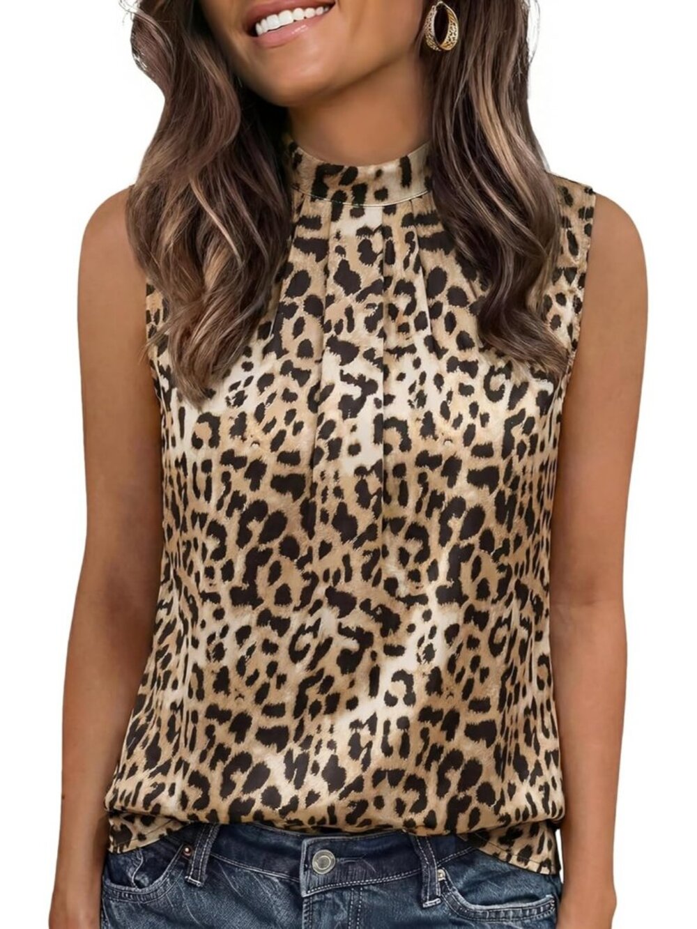 Women's Leopard Print Silk Stain Mock Neck Sleeveless Pleated Casual Tank Tops